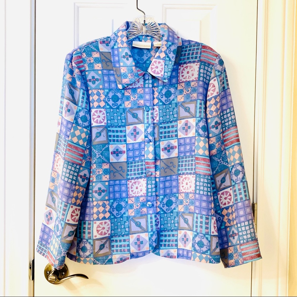 Vintage 80s blouse top shirt southwestern patchwork blue country size 8 petite
